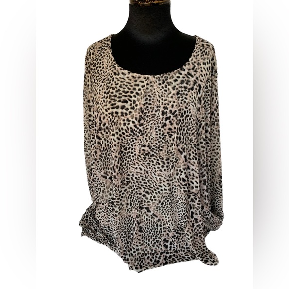 Emailine Woman Leopard Pattern Black Cream Silky Feel Layered Tunic Top 1X - Picture 5 of 6